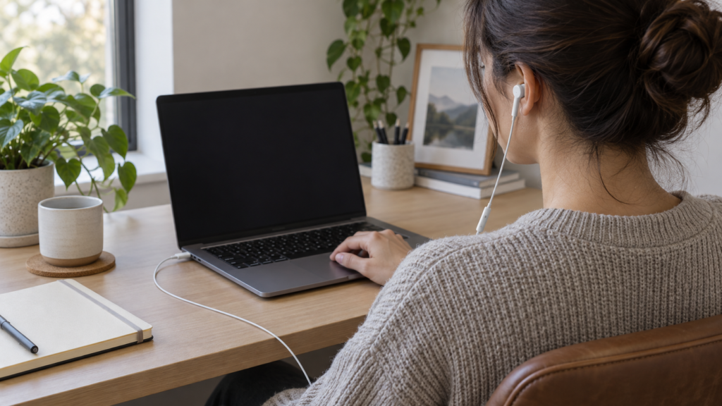 パソコンに汎用USB-Cイヤホンをつないで会議の音声を確認するイメージ