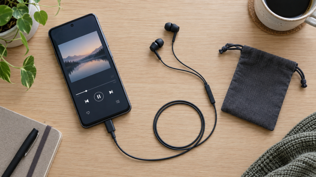 USB-Cスマートフォンと汎用有線イヤホンを並べた接続イメージ