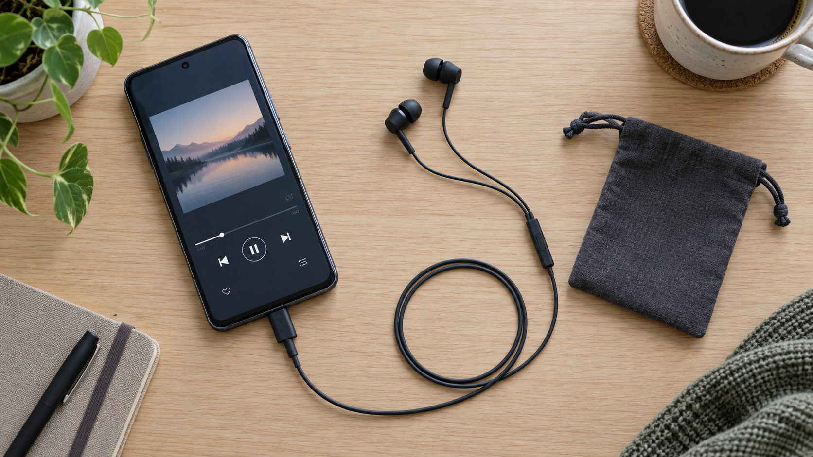 USB-Cスマートフォンと汎用有線イヤホンを並べた接続イメージ