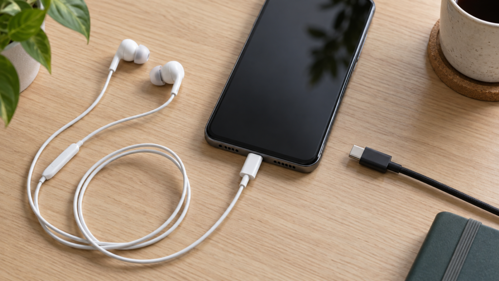有線イヤホンで使うUSB-C端子と、外した充電ケーブルを並べたイメージ
