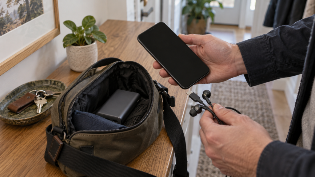 スマートフォンと汎用有線イヤホンをバッグへ入れる外出準備のイメージ