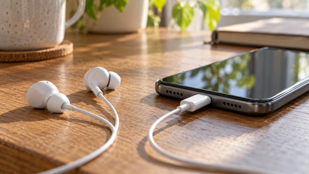 スマートフォンのUSB-Cへ接続した汎用有線イヤホンのイメージ