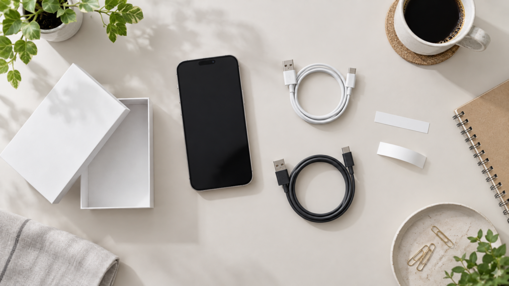 収納用品とスマホ、充電ケーブルを並べた作業準備のイメージ