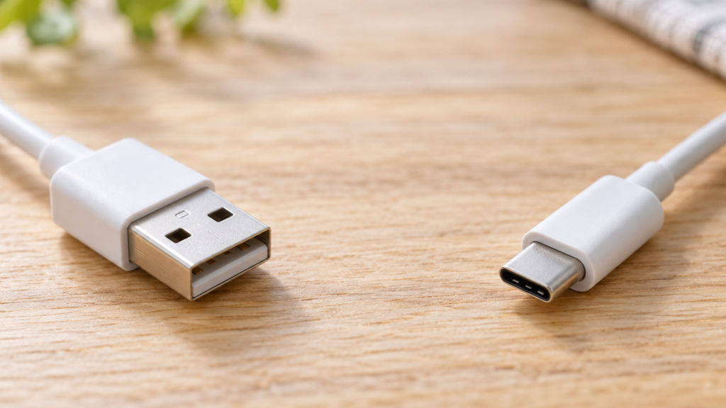 USB-AとUSB-Cの異なる端子を持つ一般的なケーブルのイメージ