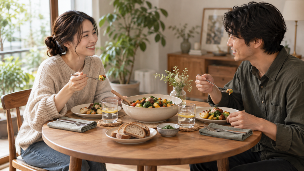 二人分の食器と取り分ける料理を置いた小さな食卓