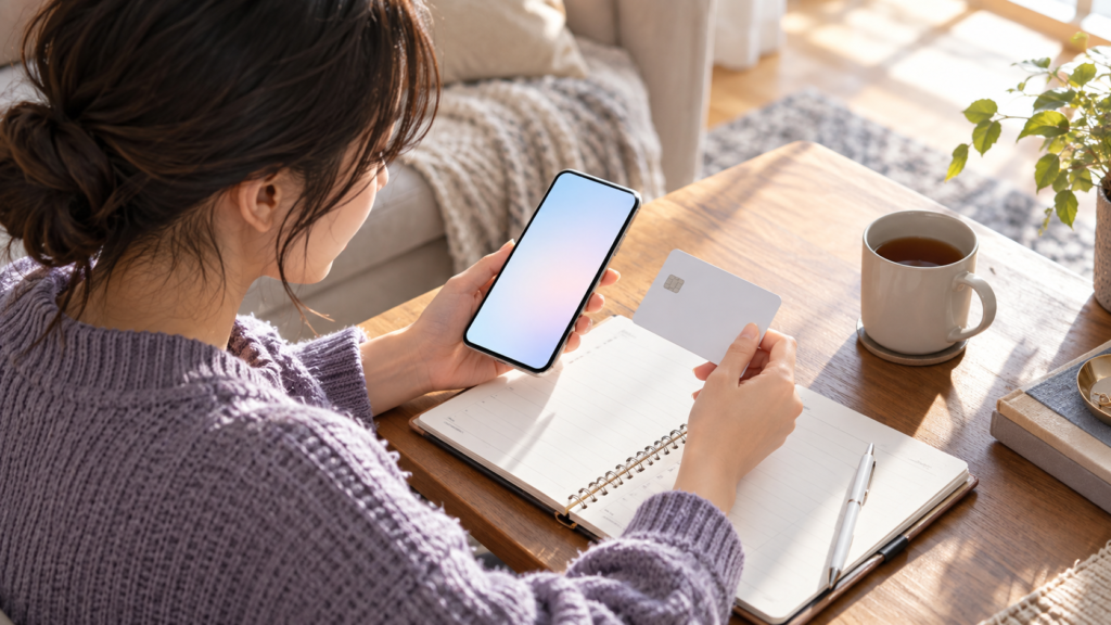 スマートフォンと手帳で契約条件を確認するイメージ