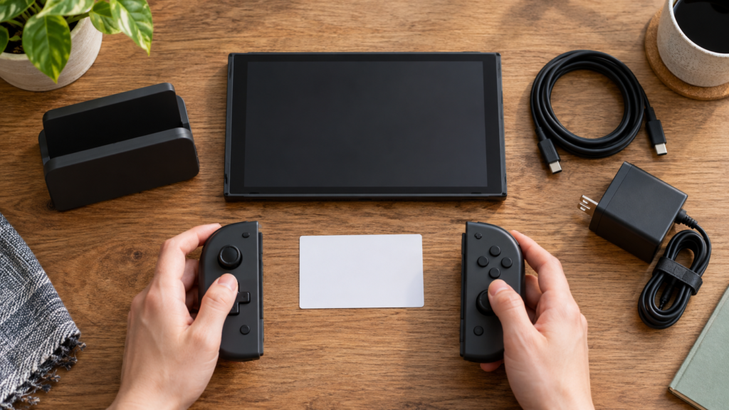 携帯ゲーム機とコントローラー、ドック、コード用紙を並べた開封イメージ