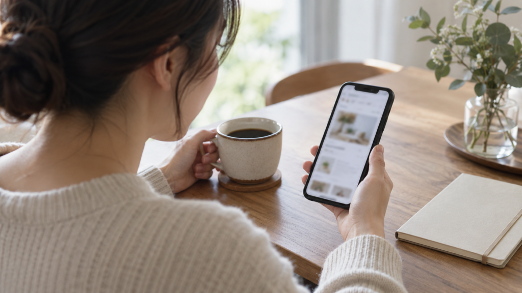スマートフォンとコーヒーカップを置いた机