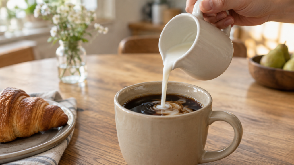 コーヒーに温めたミルクを注ぐ手元