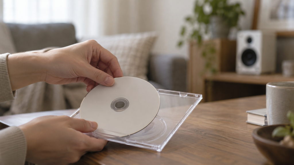 家で音楽CDを選んで聴く利用イメージ