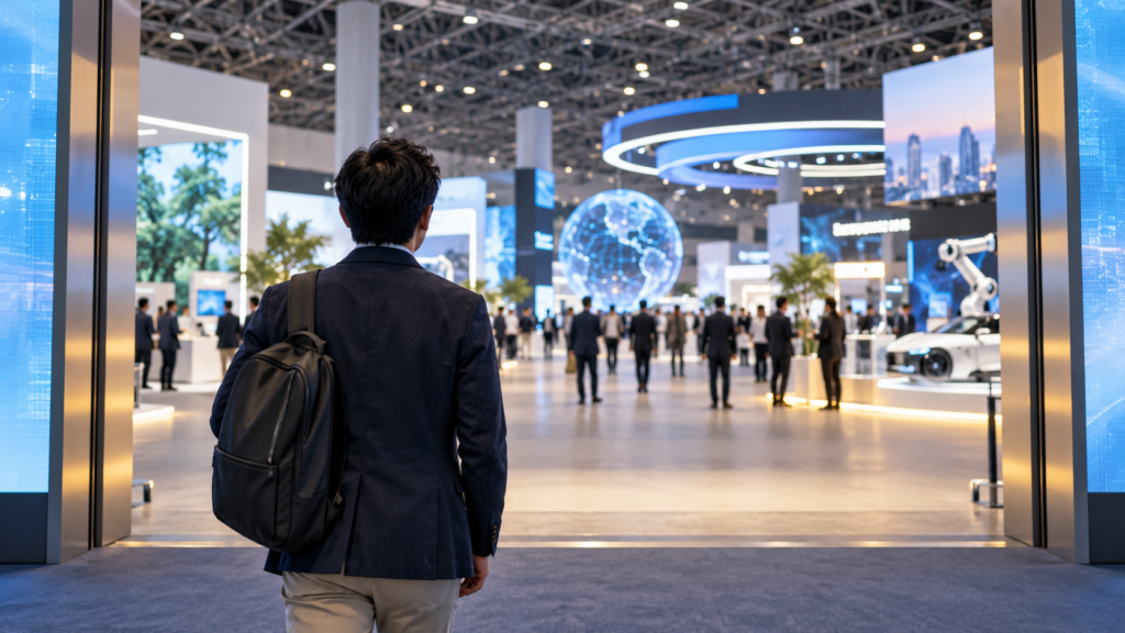 未来技術の展示会の入口に立つ来場者を表す生成イメージ
