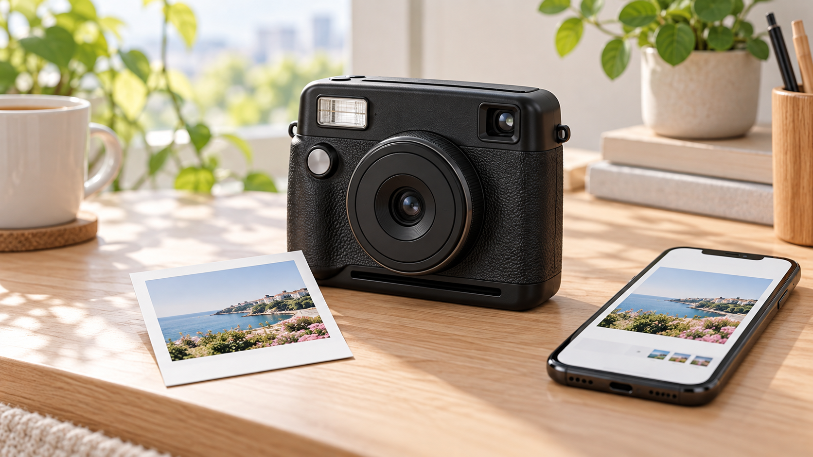 カメラとスマートフォン、プリント写真の説明用イメージ