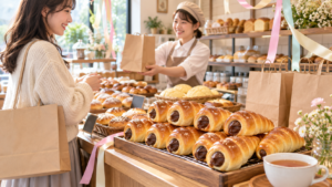 コロネと紙袋が並ぶベーカリーでの買い物の生成イメージ