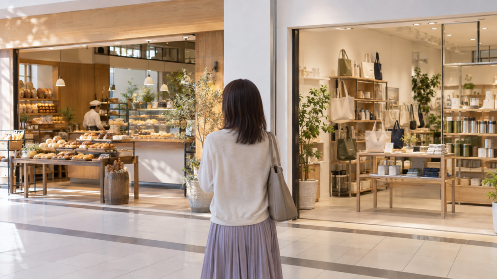 パン販売店と物販店の入口を見比べる生成イメージ