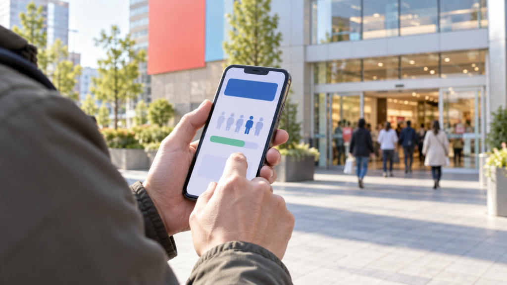 来店前にスマートフォンで整理券を確認する生成イメージ