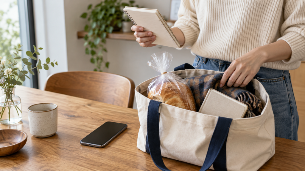 買い忘れがないか荷物を確認する生成イメージ
