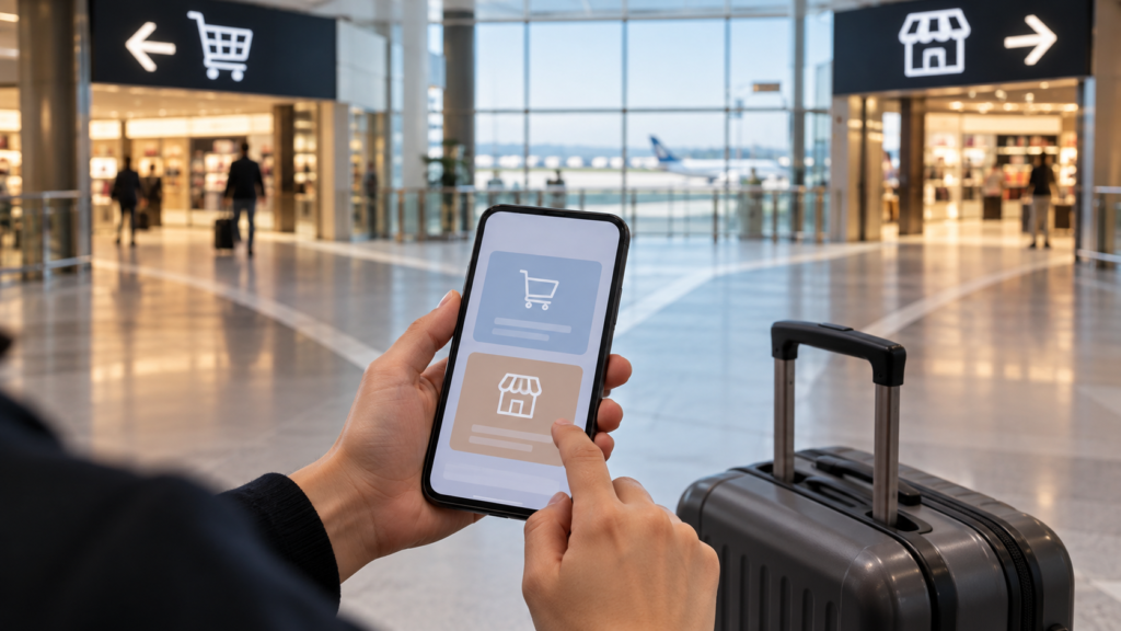 スマートフォンと空港通路で通販と空港購入を考える参考イメージ