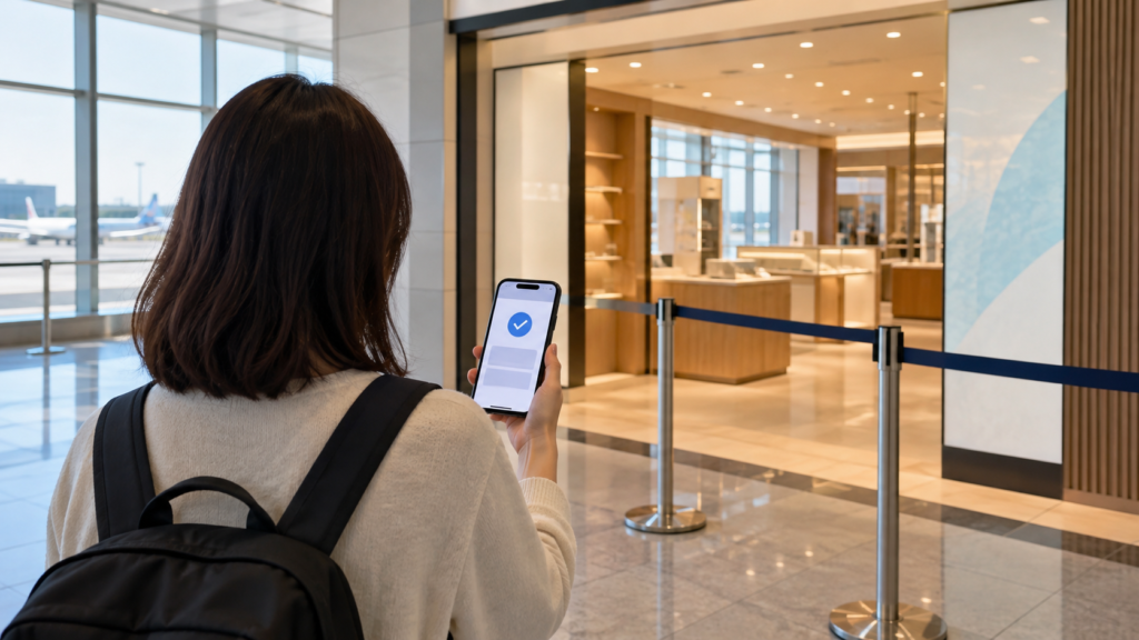 予約画面を確かめて空港の売店入口へ向かう参考イメージ