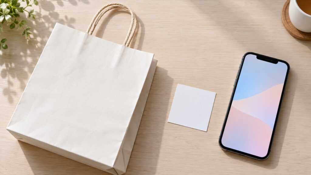 買い物袋と小さなステッカーとスマートフォンを分けて並べた特典の比較イメージ