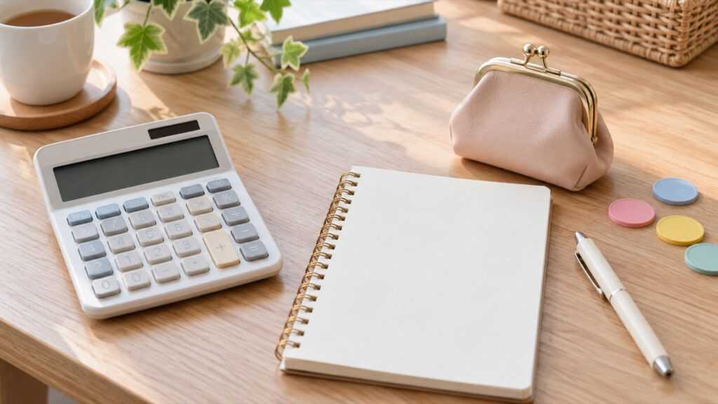 電卓とノートで商品代金と購入予算を整理する参考イメージ