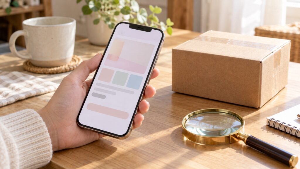 スマートフォンで公式の商品情報を確認する買い物の参考イメージ