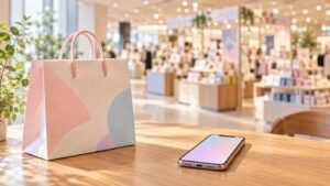 買い物袋とスマートフォンで通販と店頭購入を考える参考イメージ