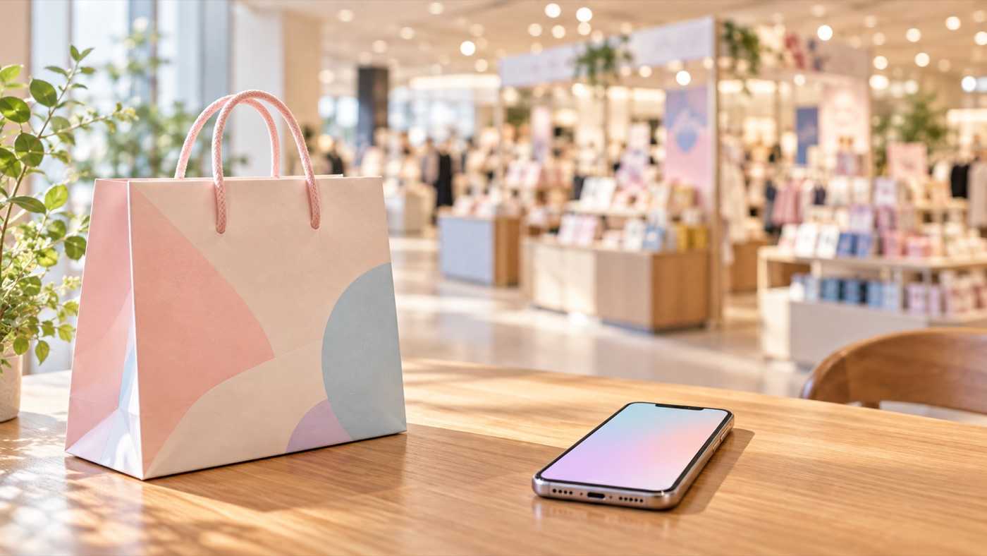 買い物袋とスマートフォンで通販と店頭購入を考える参考イメージ