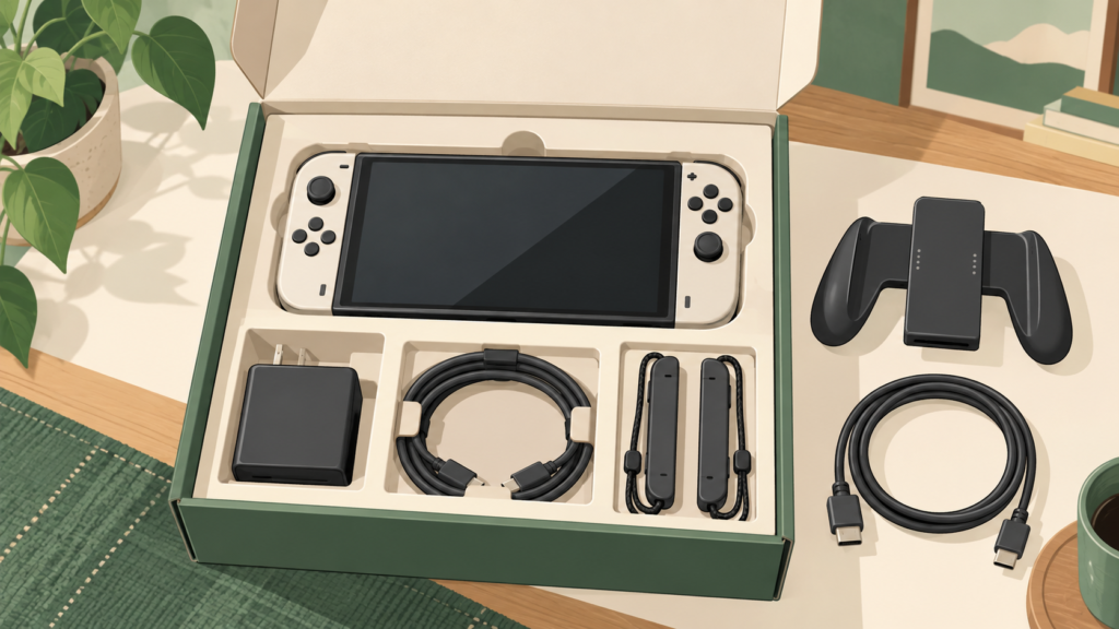 ゲーム機と付属品を箱に並べた説明用イラスト