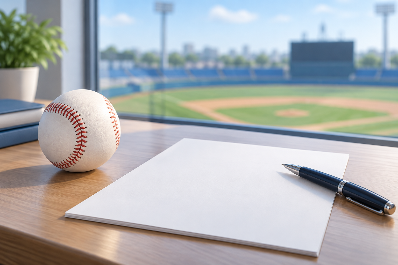 野球ボールと白紙の書類、ペンを置いた契約確認のイメージ