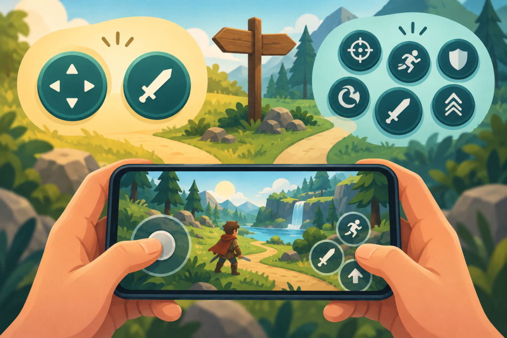 操作方式の違いを表すスマートフォンとボタンのイメージイラスト