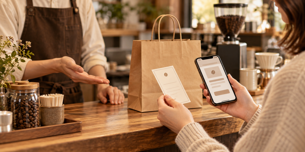 コーヒー店で予約票とスマートフォンを確認するイメージ
