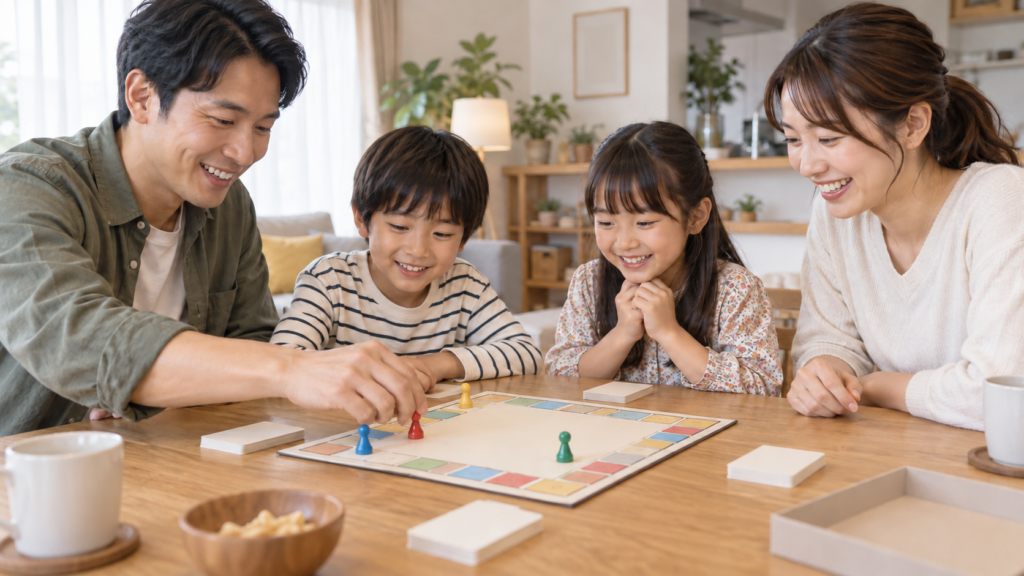 家族がテーブルでボードゲームを囲むイメージ