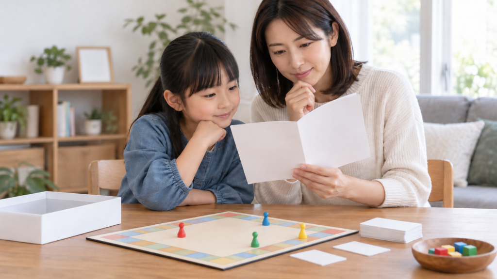 親子で説明書を読みながら盤ゲームを準備するイメージ