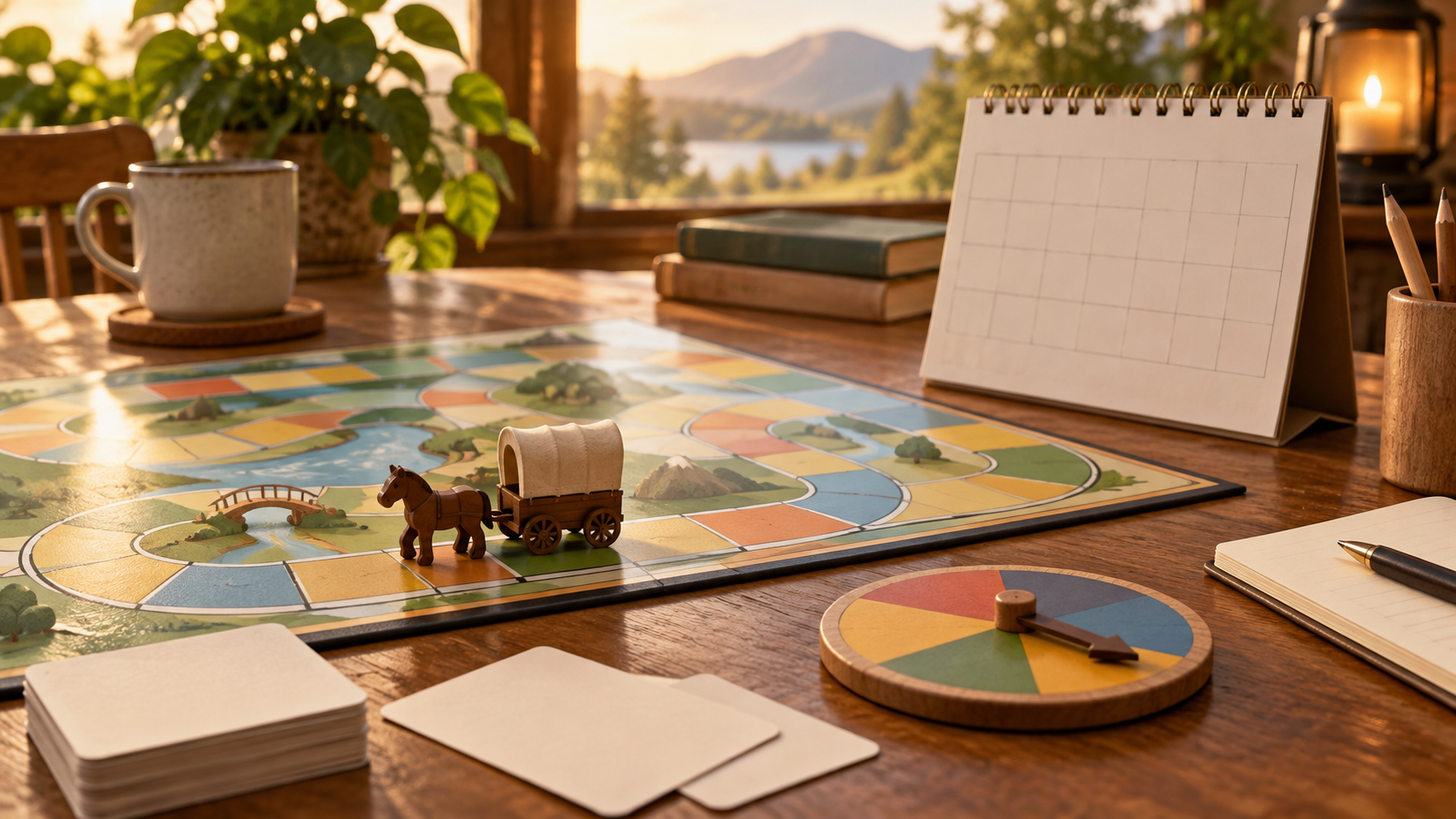 カレンダーと盤ゲームを並べた発売準備のイメージ