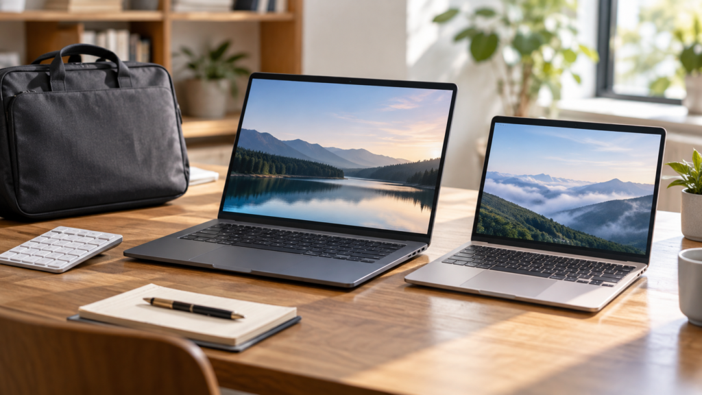 持ち運び用と据え置き用のノートPCを比較するイメージ