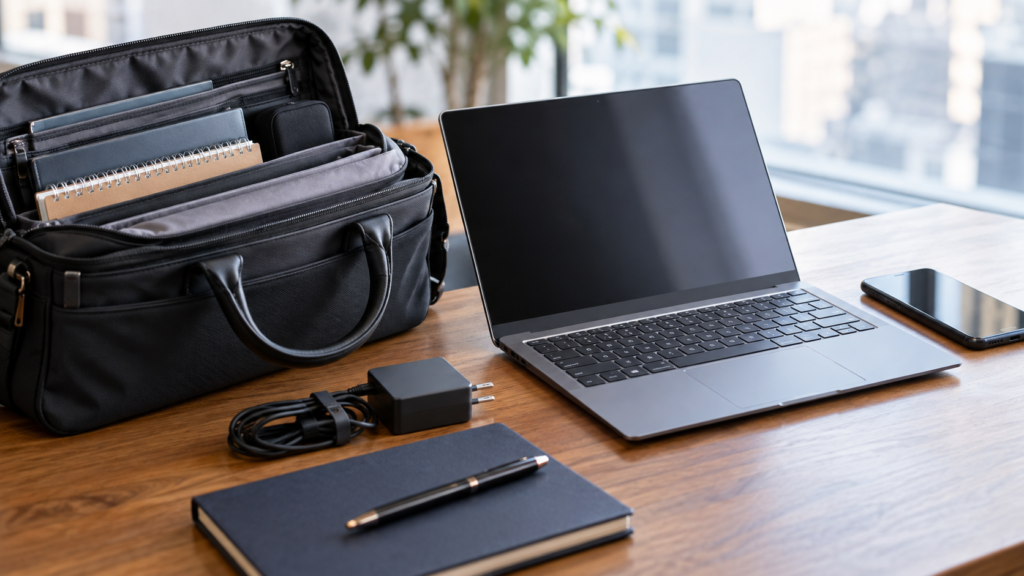 外出用バッグとノートPC・充電器・スマートフォンのイメージ