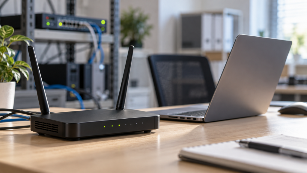 ノートPCと無線LANルーターを置いた通信環境のイメージ