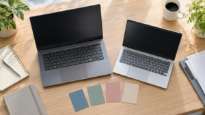 大小のノートPCと落ち着いた4色の色見本を並べた選び方のイメージ