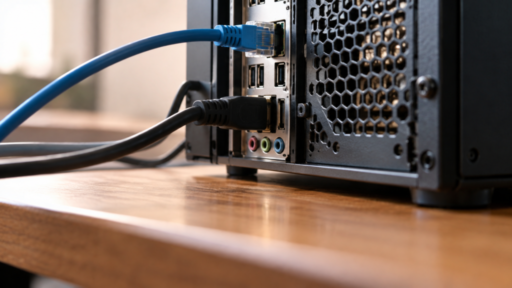 参加前に接続状態を整えたPCとネットワークケーブル