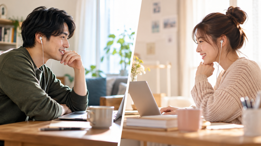 別々の自宅からオンライン展示会への参加を準備する二人