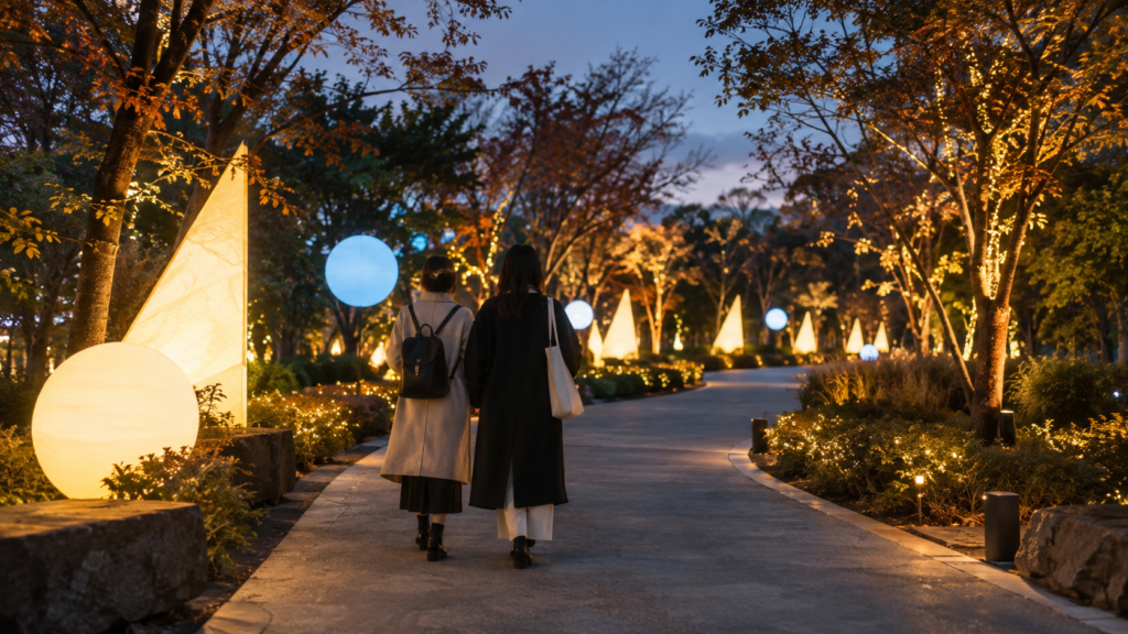 夜の会場へ向けて公園の遊歩道を歩く概念イメージ