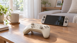 木のテーブルに置かれた無地のゲームコントローラーと携帯ゲーム機