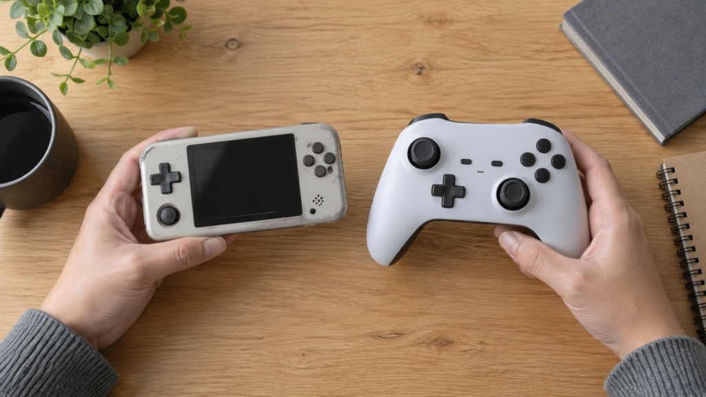 古い携帯ゲーム機と新しい無地のコントローラーが並ぶ机