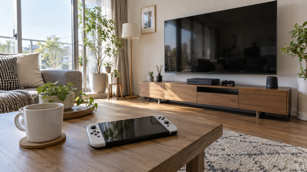 大きなテレビと携帯ゲーム機を配置したリビングのゲーム環境