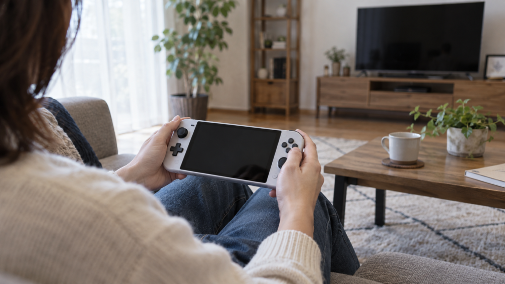 ソファに座り無地の携帯ゲーム機を持つ人の手元