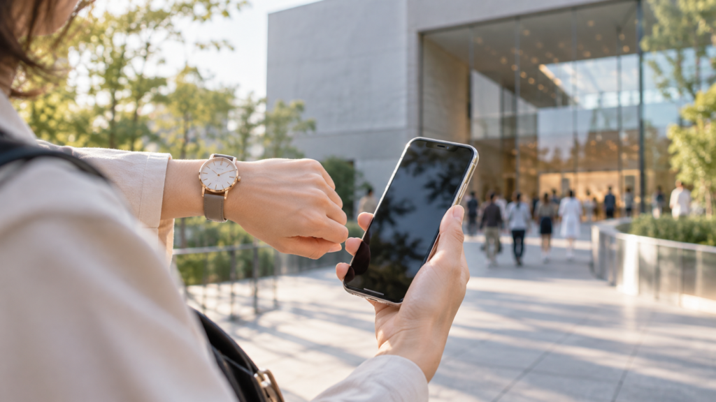 スマートフォンと腕時計で入場時刻を確認するイメージ