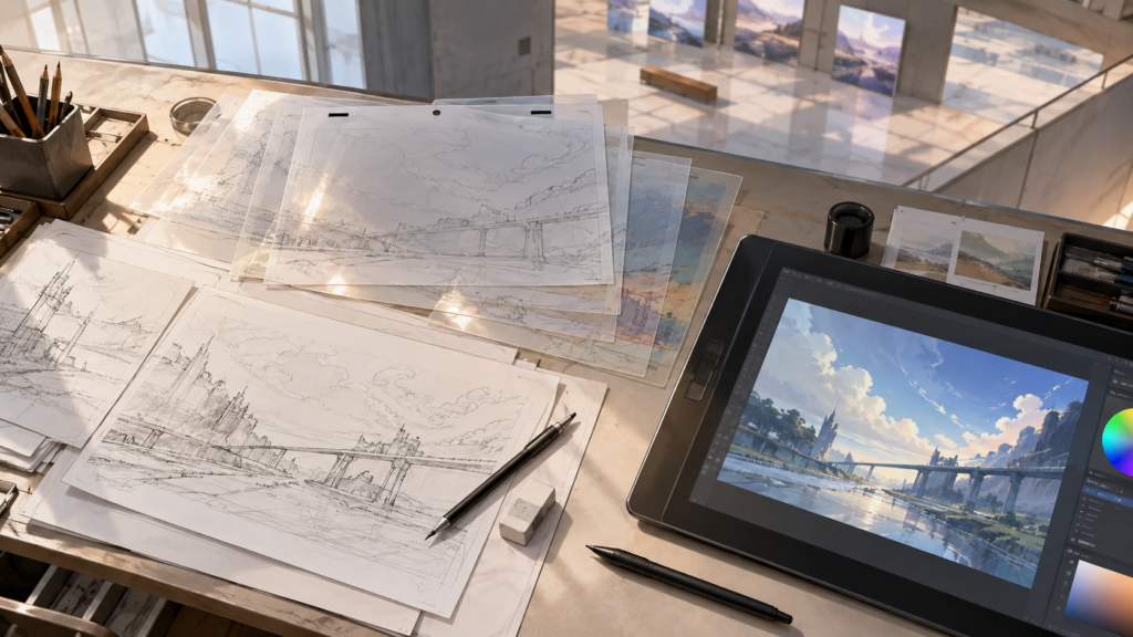透明なフィルムと紙のラフとペンタブレットを並べた制作工程のイメージ