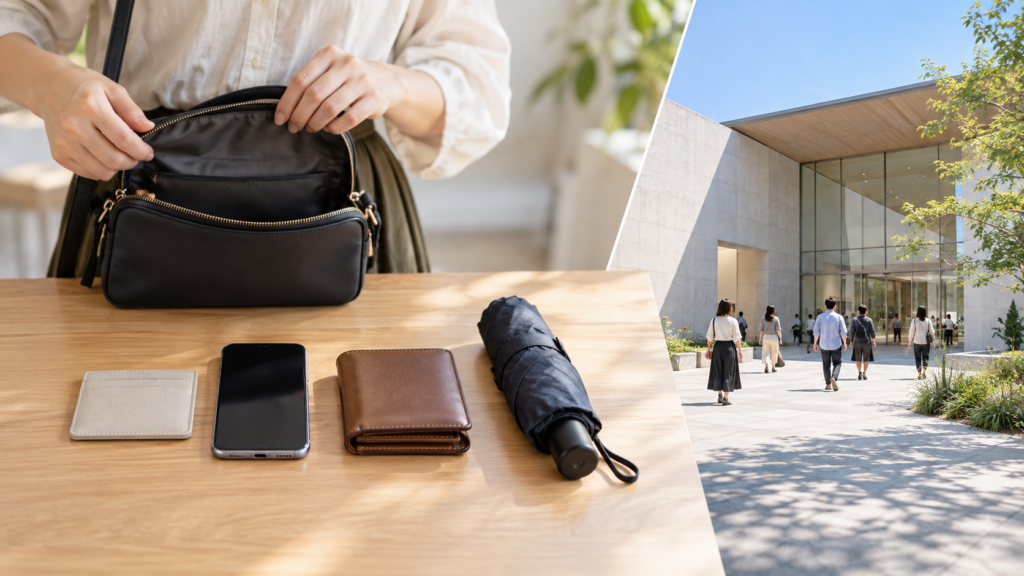 小さなバッグの横にスマートフォンと財布とカード入れを並べたイメージ