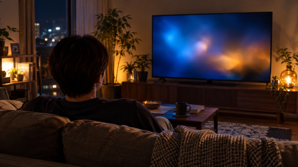 暗いリビングで抽象的な映像を映すテレビを見ている人の後ろ姿