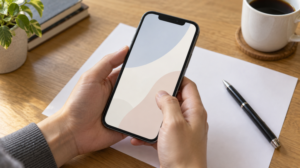 無地の用紙とペンを前にスマートフォンを確認する手元のイメージ